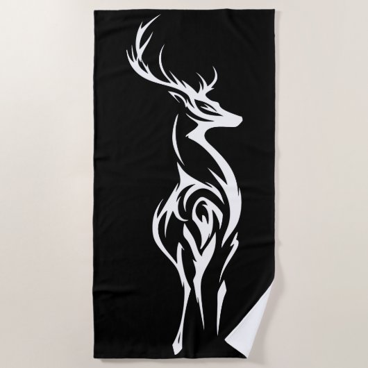 Tribal Deer Silhouette Minimal Black White Design ビーチタオル (正面)