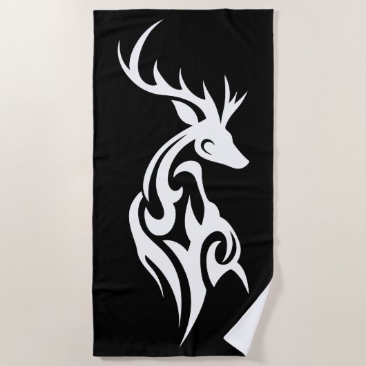 Tribal Deer Silhouette Minimal Tattoo Style ビーチタオル (正面)