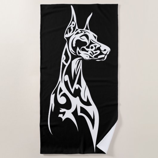 Tribal Doberman Silhouette Minimal Black White ビーチタオル (正面)
