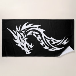 Tribal Dragon Silhouette in Bold Black and White ビーチタオル