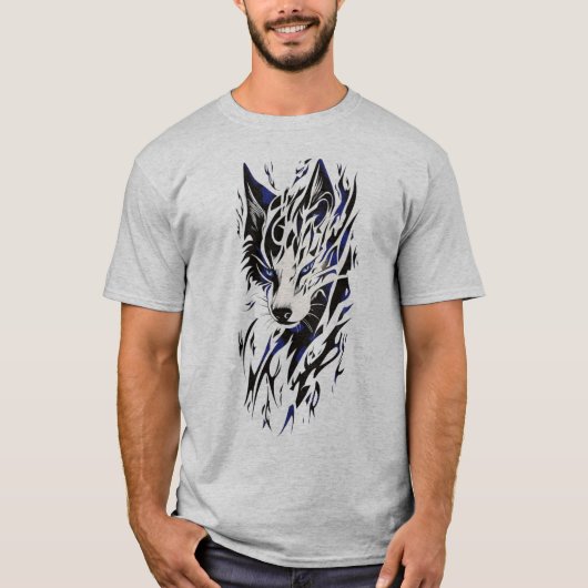 Tribal Flame Wolf Tシャツ – モノクロエネルギー (正面)