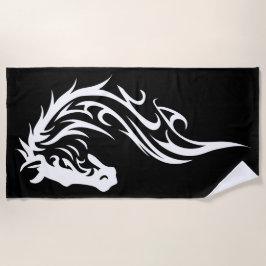 Tribal Horse Head Silhouette Black White ビーチタオル