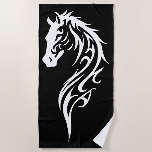 Tribal Horse Head Silhouette Black White ビーチタオル (正面)