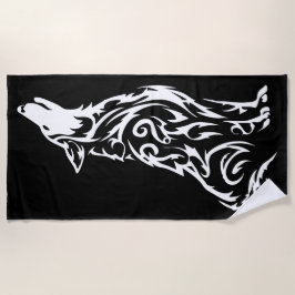 Tribal Howling Wolf Silhouette Black White ビーチタオル