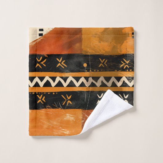 Tribal motifs in black and earth tones バスタオルセット (ウォッシュタオル)