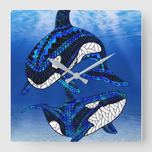 Tribal Orca Killer Whales スクエア壁時計 (正面)