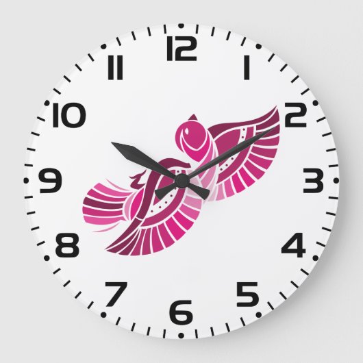Tribal Pink Bird Stylized Magenta Phoenix ラージ壁時計 (正面)