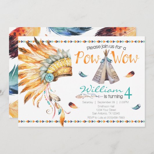 Tribal Teepee Pow Wow Birthday Party招待 招待状 (正面/裏面)