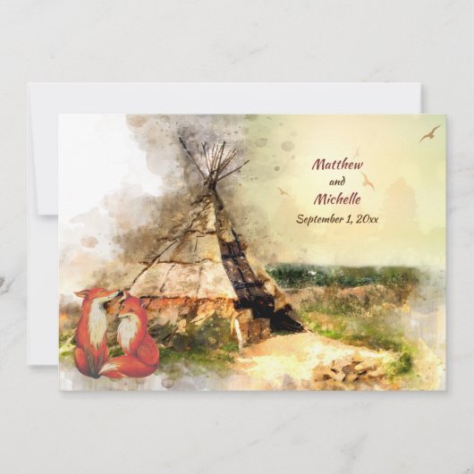 Tribal TipiとLove Boho Teepeeのキツネ結婚。 招待状 (正面)