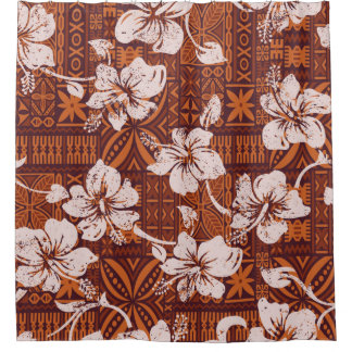 Tribal vintage Hawaiian hibiscus flowers wallpaper シャワーカーテン
