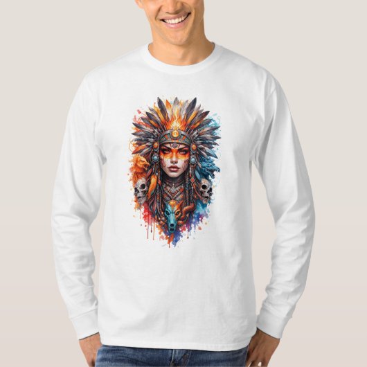 Tribal Warrior Queen Art – Fantasy Headdress Skull Tシャツ (正面)