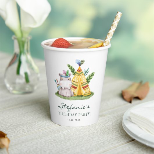 Tribal Watercolor Hippo Safari Theme Birthday 紙コップ (インサイチュ)