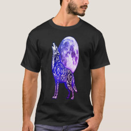 Tribal Wolf Howling at Moon T-Shirt | Mystical Blu Tシャツ