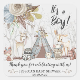 Tribal Woodland Animals Baby Shower Boyありがとう スクエアシール