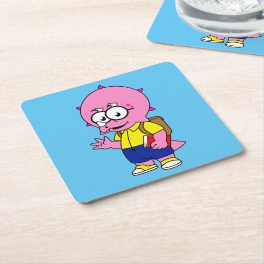 Triceratopsおたくとバックパックと教科書。 スクエアペーパーコースター (アングル)