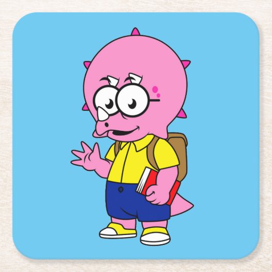 Triceratopsおたくとバックパックと教科書。 スクエアペーパーコースター (正面)