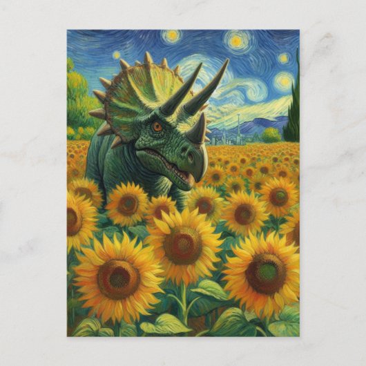 Triceratops Dino in the Sunflower Field Vanゴッホ ポストカード (正面)