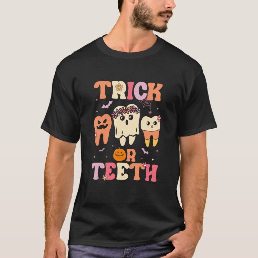 Trick Or Teeth Ghost Groovy Dental Halloween Treat Tシャツ (正面)