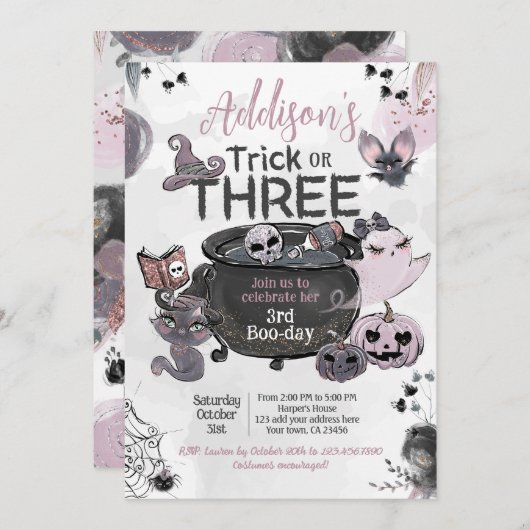 Trick or Three 3rd Birthday Halloween 招待状 (正面/裏面)