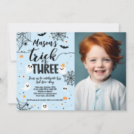 Trick or Three Blue Halloween Cute Ghost 招待状
