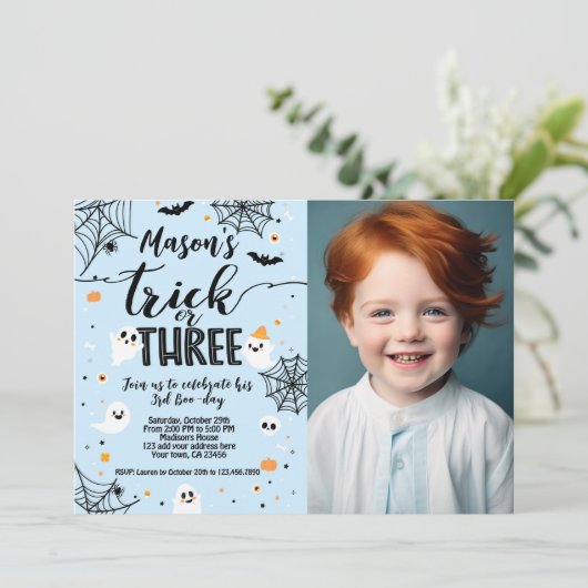 Trick or Three Blue Halloween Cute Ghost 招待状 (スタンド正面)