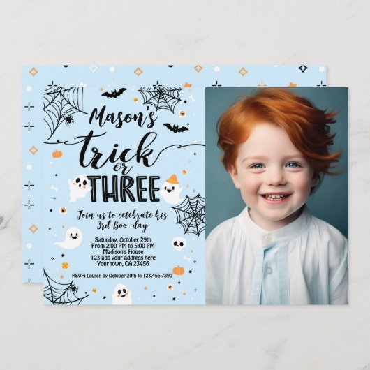 Trick or Three Blue Halloween Cute Ghost 招待状 (正面/裏面)