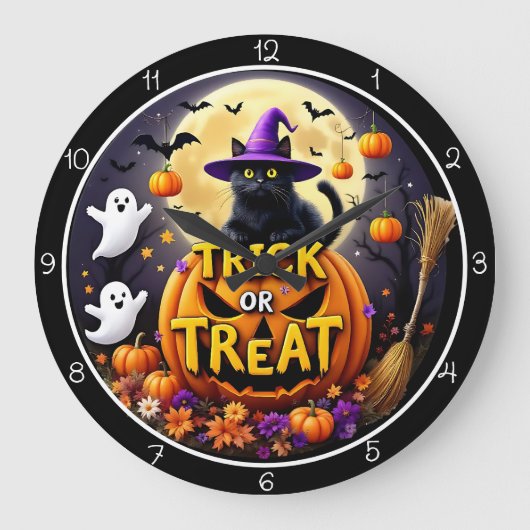 Trick or Treat Halloween Cat ラージ壁時計 (正面)