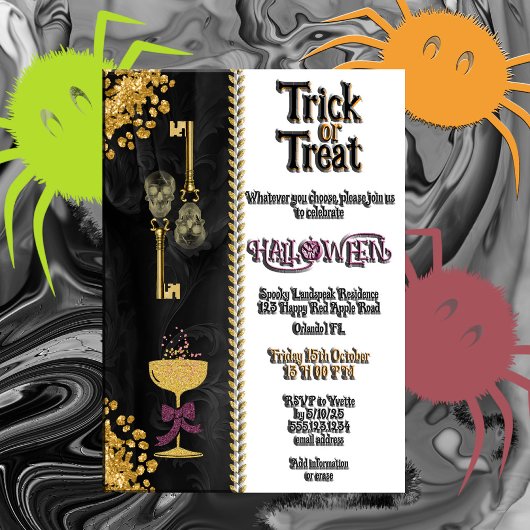 Trick or Treat Halloween Gold Glitter Skulls 招待状