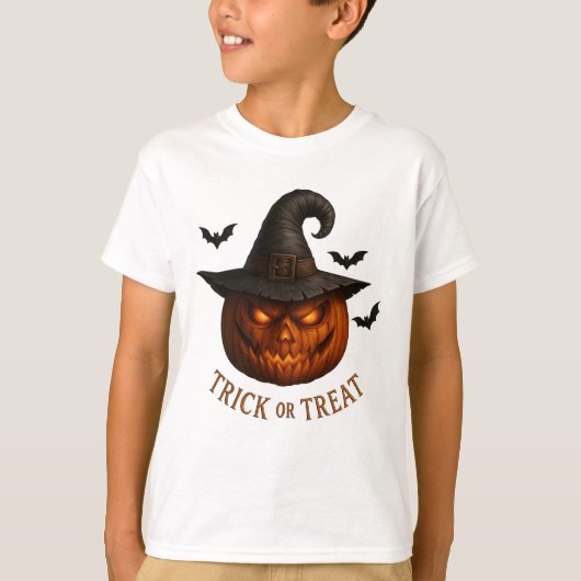 Trick or Treat Pumpkin Witch Hat Halloween Design Tシャツ (正面)