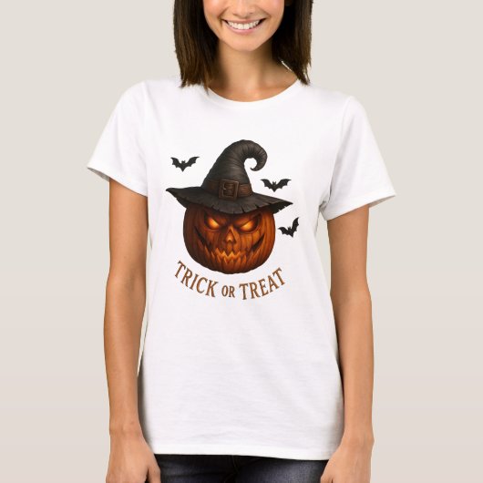 Trick or Treat Pumpkin Witch Hat Halloween Design Tシャツ (正面)