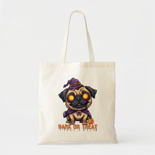 “Trick or Treat Tote Bag – Cute Halloween Pug . トートバッグ (正面)