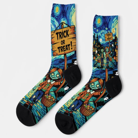 Trick or Treat Zombies – Van Gogh Starry Halloween ソックス (左)