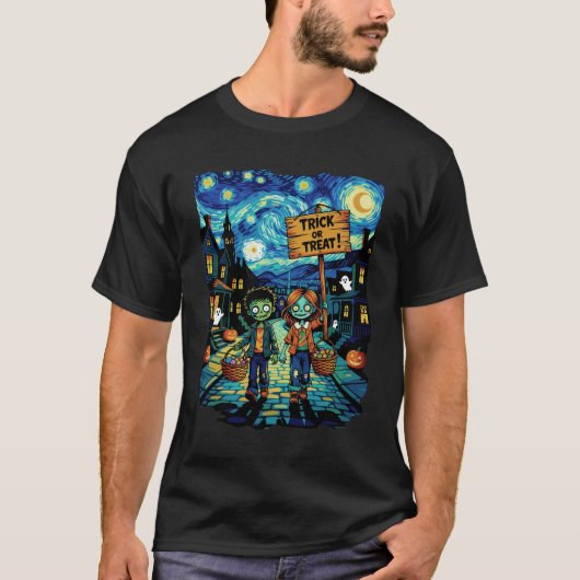 Trick or Treat Zombies – Van Gogh Starry Halloween Tシャツ (正面)