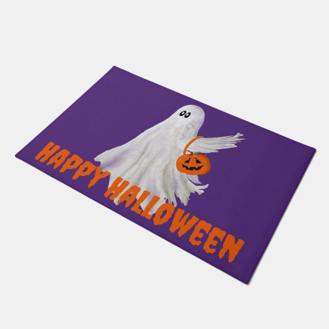 Trick Or Treating Ghost With Pumpkin Candy Bucket ドアマット (アングル)