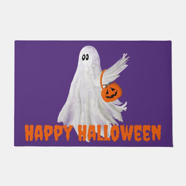 Trick Or Treating Ghost With Pumpkin Candy Bucket ドアマット (正面)