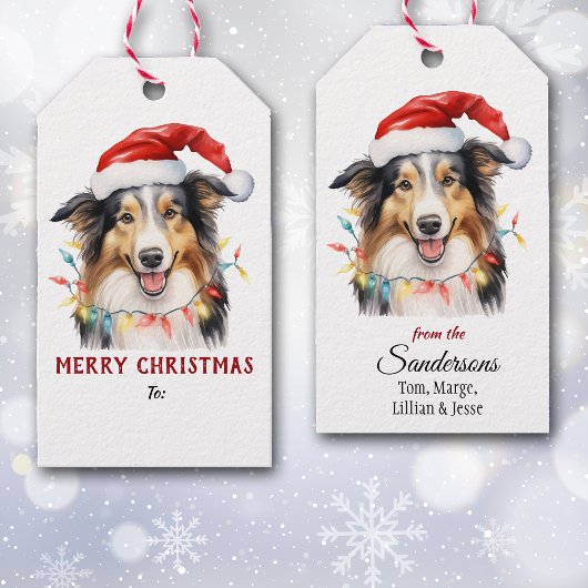 Tricolor Collie Dog Santa Hat Christmas ギフトタグ