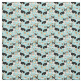 Tricoloredのコーギーのコーヒー生地-青 ファブリック (見本)