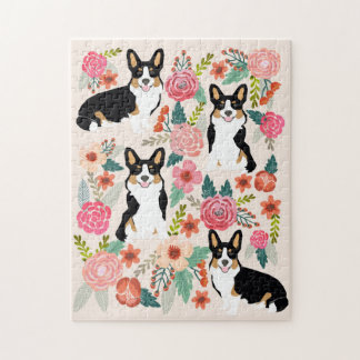 Tricolored Corgi Dog Vintage Florals ジグソーパズル