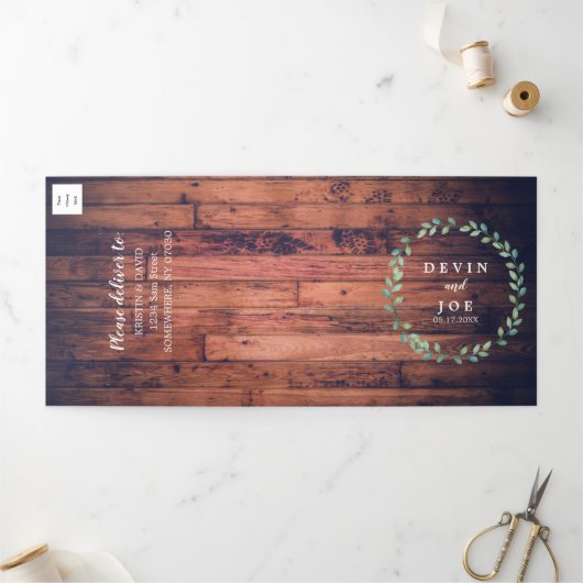 Trifold Watercolor Greenery Wedding Invitation 三つ折り招待状 (外部)