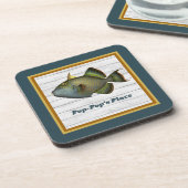 Triggerfishの深いティール（緑がかった色）金ゴールドとオレンジの名前 コースター (左側)