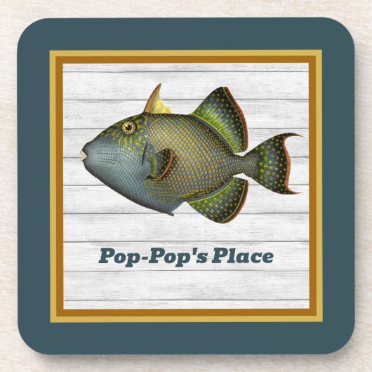 Triggerfishの深いティール（緑がかった色）金ゴールドとオレンジの名前 コースター (正面)