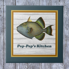 Triggerfishの深いティール（緑がかった色）金ゴールドとオレンジの名前 タイル