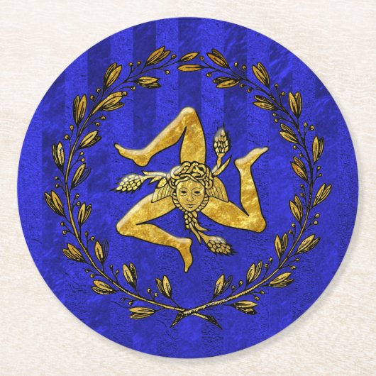 Trinacriaのシシリアのオリーブ色のリースの青い縞 ラウンドペーパーコースター (正面)