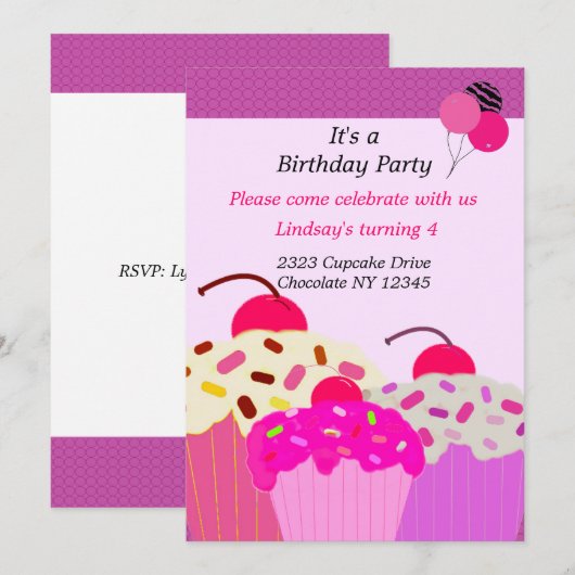 Trio of Cupcakes Birthday Party招待 招待状 (正面/裏面)