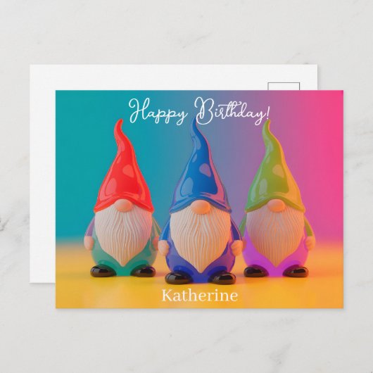 Trio of Glossy Ceramic Gnome Figurines with Name ポストカード (正面/裏面)