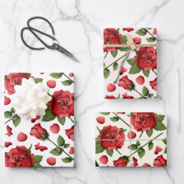 Trio of Romantic Red Roses Foliage on Multi Tones ラッピングペーパーシート
