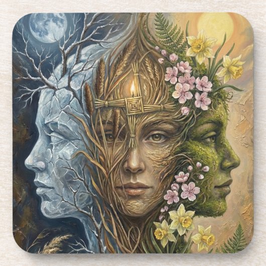 Triple Goddess Winter to Spring Imbolc Fantasy Art コースター (正面)