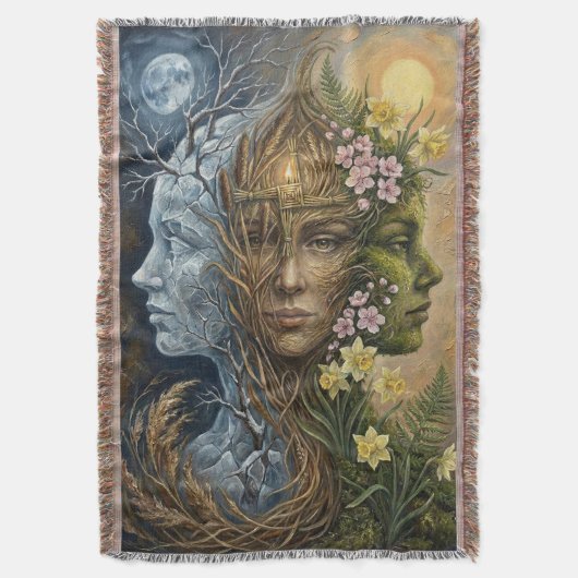 Triple Goddess Winter to Spring Imbolc Fantasy Art スローブランケット (正面縦)