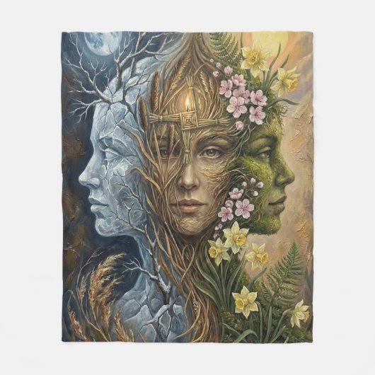 Triple Goddess Winter to Spring Imbolc Fantasy Art フリースブランケット (正面)