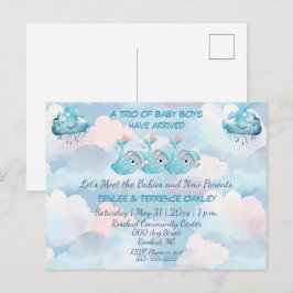 Triplet Baby Boys Blue Shower Invitation Postcard ポストカード